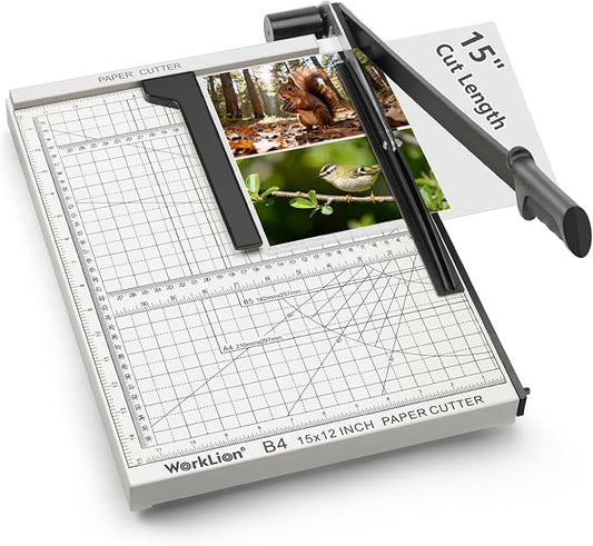 15 inch Guillotine Paper Cutter: Worklion Precision Paper Trimmer with Safety Lock,15 Sheet Capacity, Thickened Metal Based Cutting Board for Crafting Cardstock Photos Laminatedsheets in Class/Office