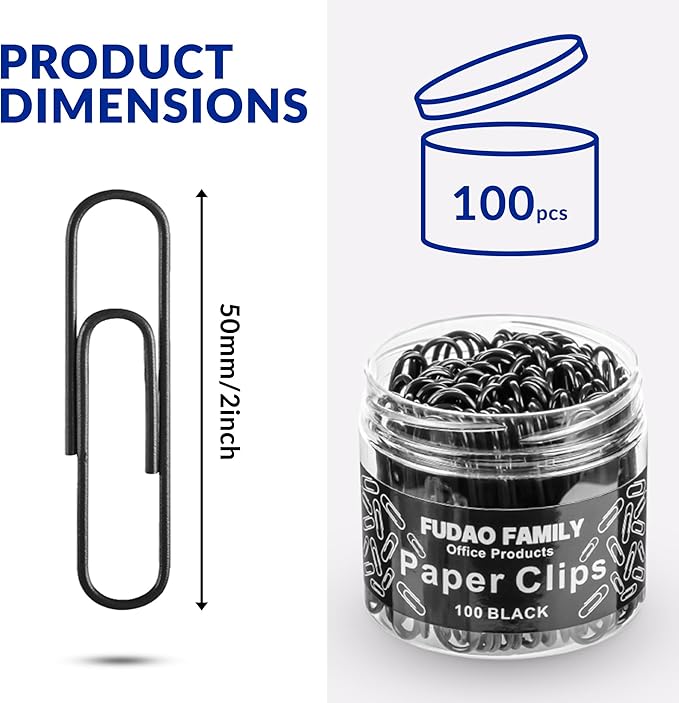 Jumbo Paper Clips, 2 Inch Paper Clip, 100 pcs Large Paperclips (Jumbo, Black)