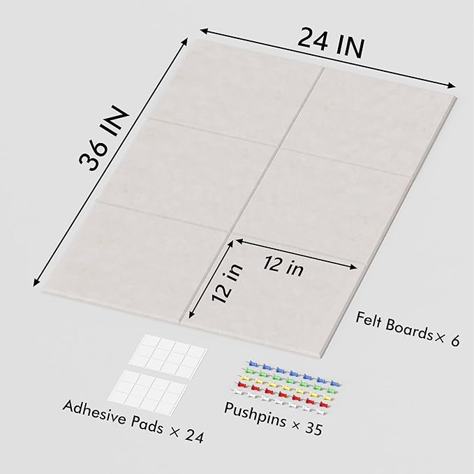 Large Cork Board for Wall, 36" x 24" Bulletin Board with Pushpins, 6 Panels Felt Tiles Tack Push Pin Board for Office, Light Tan