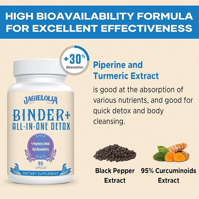 All-in-One Detox Binder Supplement 1500 MG - High Bioavailability, Liver Gut Detox Cleanse with Activated Charcoal, Zeolite & Bentonite Clay for Toxins, Liver, Digestive, 180 Vegan Capsules