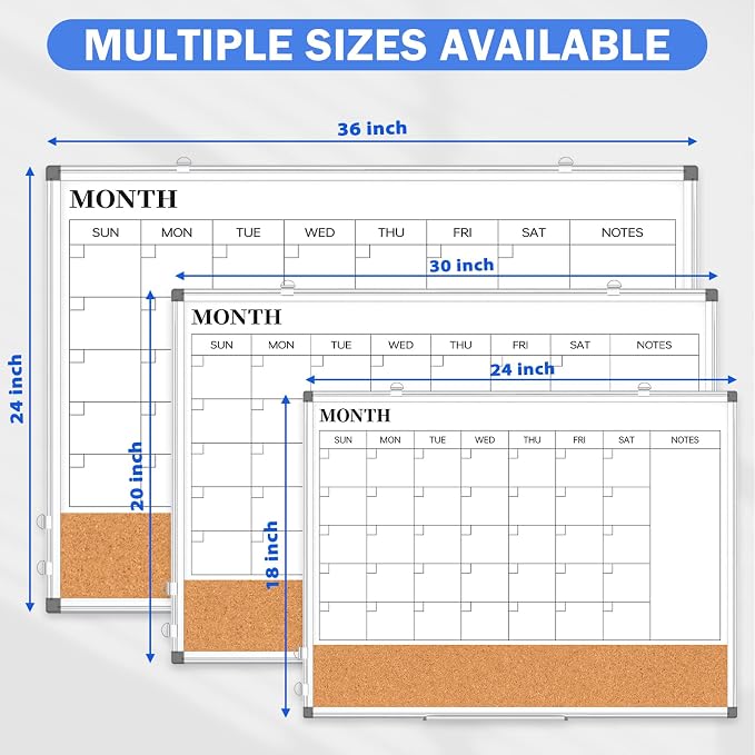 Dry Erase Calendar Whiteboard for Wall, 36" x 24" Monthly Cork White Board | Double-Sided Magnetic, Calendar Cork Whiteboard Combo, Aluminium Frame, Bulletin Portable Board, Home Office School