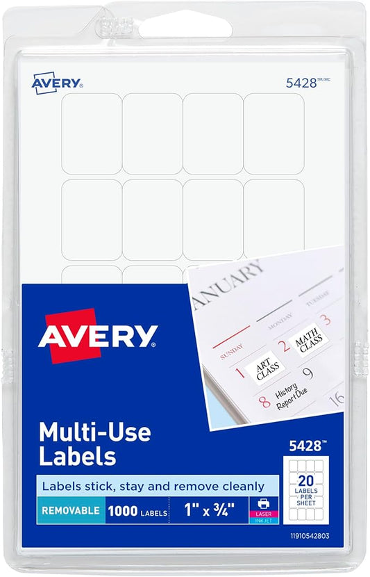 Avery Self-Adhesive Removable Labels, 0.75 x 1 Inches, White, 1000 per Pack (05428)