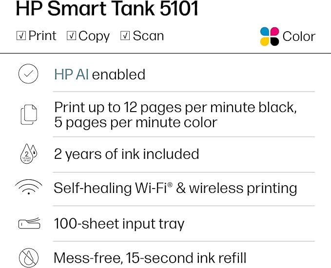 HP Smart Tank 5101 Wireless All-in-One Refillable Printer, Scanner, Copier with 2 years of Ink included, Wireless printer-for-home use an EcoTank Alternative (1F3Y0A)