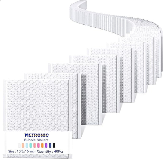 Metronic 40 Pack Bubble Mailer, 10.5x16 "Padded Envelopes, Strong Adhesion Bubble Mailers White Large Shipping Mailing Envelopes for Small Business,Books,Clothes, Bubble Mailers Usable Size 10.5x15