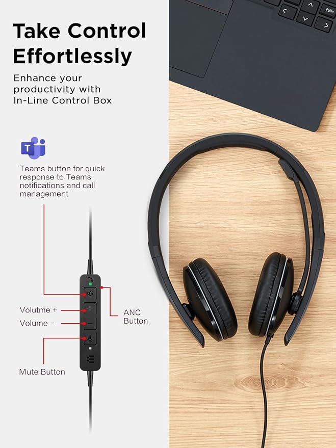 Lenovo Wired ANC Headset Gen 2 (Teams) with Active Noise Cancellation, EPOS BrainAdapt & ActiveGard Tech, Lightweight, USB-C, Plug-and-Play, Zoom Certified, Customizable, Hearing Protection | Includes USB-A converter, travel pouch and 2 year warranty f...