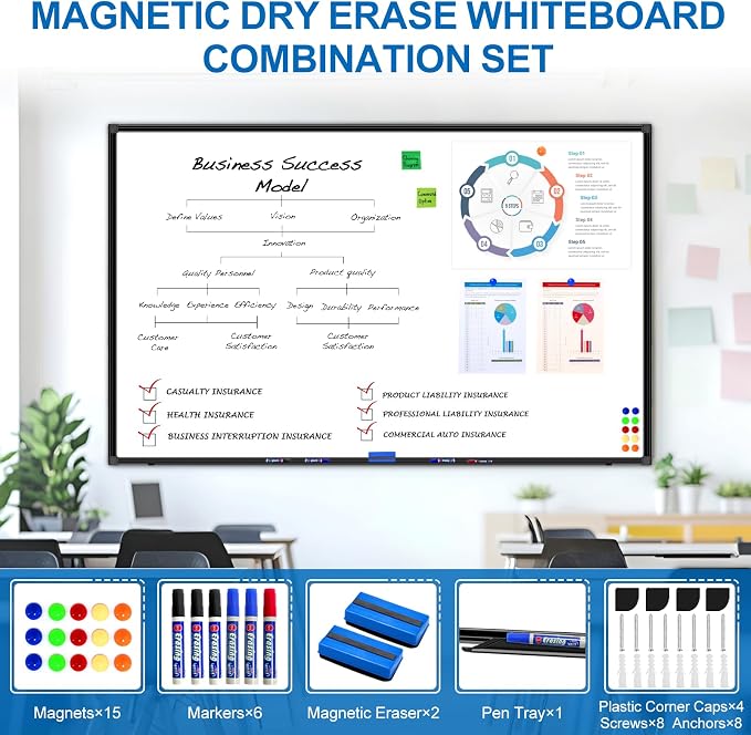 6'x4' Large Magnetic White Board Dry Erase Whiteboard with Black Aluminum Frame, 72"X48" Magnet Presentation Wall Boards for Office, Classroom, School, Home