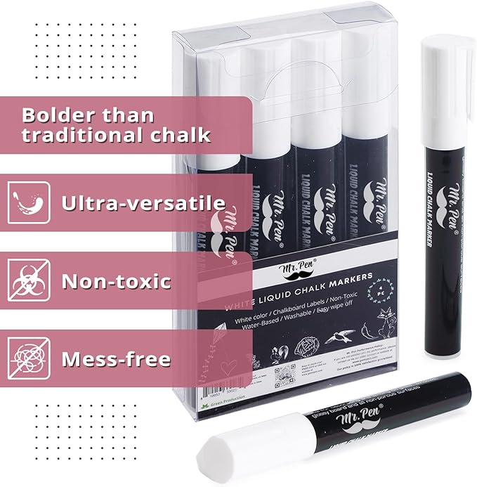 Mr. Pen- White Chalk Markers for Blackboard, 4 Pack, Reversible Tip, White Liquid Chalk Marker, Non-Toxic Liquid Chalkboard for Windows and Glass, Erasable Markers
