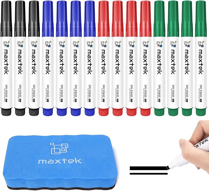maxtek Low Odor Dry Erase Markers Chisel Tip, Whiteboard Markers Set 12 Count with 1 Magnetic Eraser