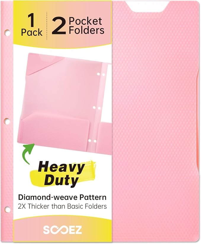 Sooez 2-Pocket Folders with Pockets, Plastic Heavy Duty, Fits 3-Ring Binder | 1 Pack Pockets Folder for 3 Ring Binder with Writable Label, Letter Size,Pink
