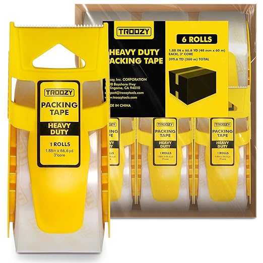 Clear Heavy Duty Packing Tape with Dispenser for Packing Shipping Moving and Warehouses, 2.68 mil Thick, 1.88 in x 66 yd, 6 Pack