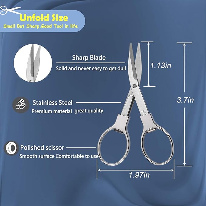 Friker Folding Scissors,Portable Telescopic Cutter Pocket Badge Scissors | 2 Pcs Mini Safe Silver Foldable Scissors for Household, Office, Handcrafts, Sewing, Nurse Use, Travel and Fishing