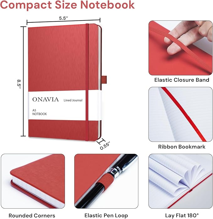 A5 Hardcover Notebook Journal, College Ruled Lined Notebook for Work, Office Meetings, Journaling, Planning & Daily Writing, 160 Pages (80 Sheets), 5.8 x 8.3 in, Red