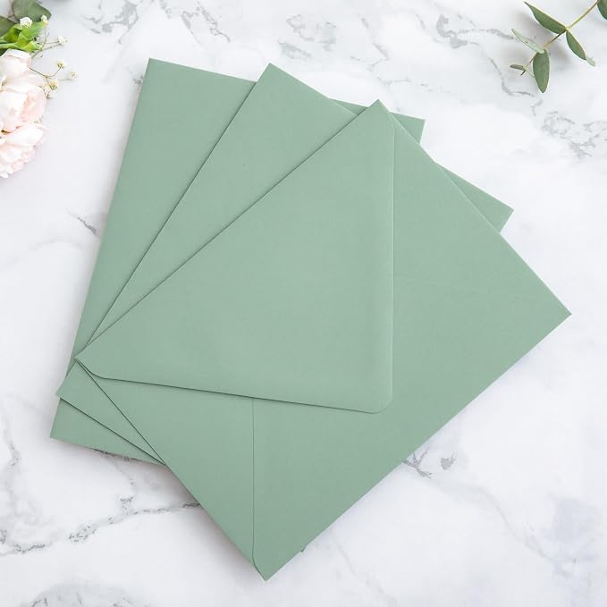 PONATIA 50PCS A7 Euro Flap Envelopes, 5.25 x 7.25'' Liner Envelope For 5x7'' Weddings Invitation Cards, Christmas Gift Cards, Acrylic Invitations, Photos (Sage Green & Green Leaves)
