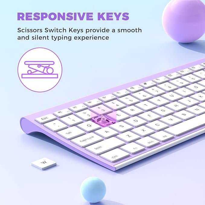 Vssoplor Wireless Keyboard and Mouse, Rechargeable Ultra Slim, Lavender | Quiet Full-Size Keyboard and Mouse Combo Set, for Laptop, PC, Notebook, Desktop, 2.4GHz Stable Connection, Ideal for Office