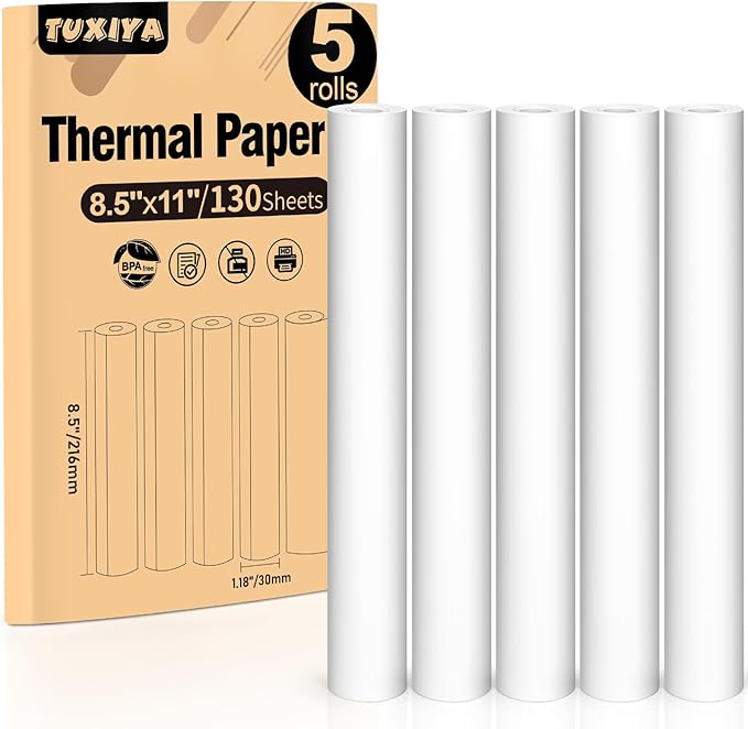 5 Rolls Thermal Printer Paper 8.5"x11" US Letter Size, BPA free Quick-Dry Thermal Paper,Thermal Printing Paper Rolls Compatible Most Portable Printers(About 130 Sheets)