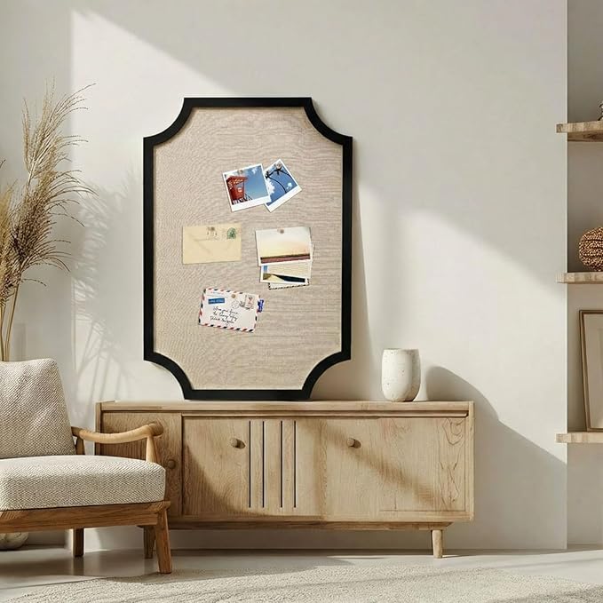 Vintage Framed Pin Board Linen Display Bulletin Board Large Ornate Fabric Picture Photo Pinboard Memo Decorative Prayer Pinboard Ornate for Wall Gift(Scalloped,24" X 36",Black)