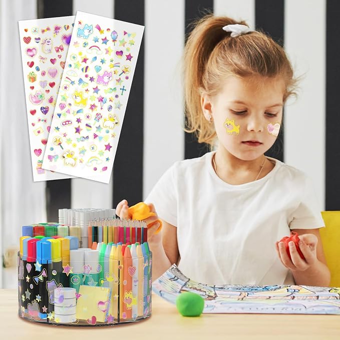 Acrylic Pen Holder for Desk Organizer Holder with 2 Adhesive DIY Stickers | Marker Holder Organizer with 2 Cute Sticker, 360 Degree Office Supply Organizer Clear Pencil Holder for Kid 6 Compartments