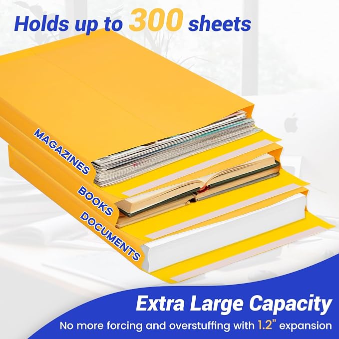 Goefun Manilla Envelopes 9x12, 180 GSM Heavyweight | Expanding, Self Seal, Catalog Envelopes, Home, Office, Business Mailing and Storing, Yellow, 25 Pack