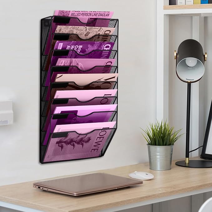 8 Pockets Mesh Wall File Holder Organizer Office Hanging File Folder Magazine Rack, Nametag Label Hooks Set Included (Black)
