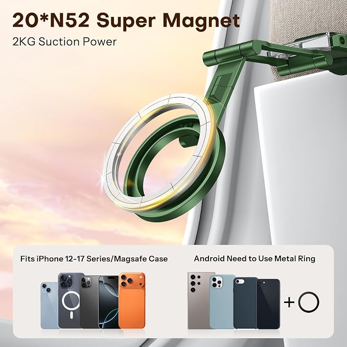 OMOTON TP02 360°Rotating Adjustable Aluminum for MagSafe Tripod Mount,Green | Magnetic Phone Tripod for iPhone 17/16/15 Pro Max Air, Foldable Cell Phone Stand Fits Vlog, Gym Travel Essentials Accessories