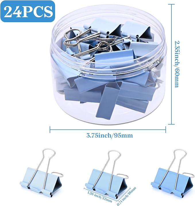Temiary Binder Clips, Medium Metal Binder Paper Clip Blue 1.26Inch, 24 Pcs | Colored Binding Paperwork Clamp Bulk for Office, Home, School