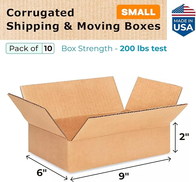 Small Moving & Shipping Boxes 9x6x2 inches (10-Pack) - Extra Strength 200 lb vs Regular - USA-Made Corrugated Cardboard Boxes for USPS/UPS/FEDEX - Packaging Box - Small Shipping Box by IDL Packaging