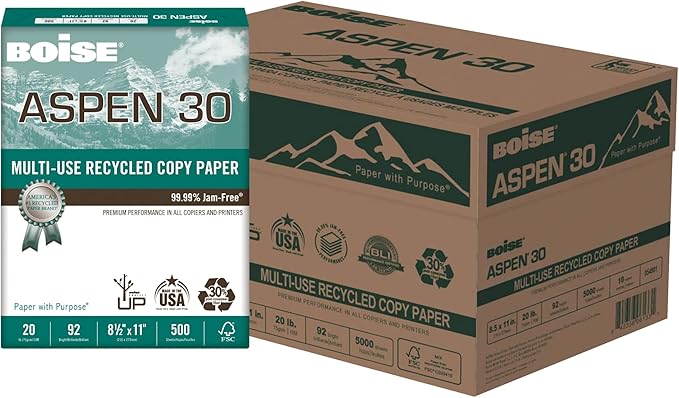 Boise ASPEN 30 Multi-Use Printer & Copy Paper, 10 Reams, White, Letter Size, 5000 Sheets Per Case- 054901-CTN