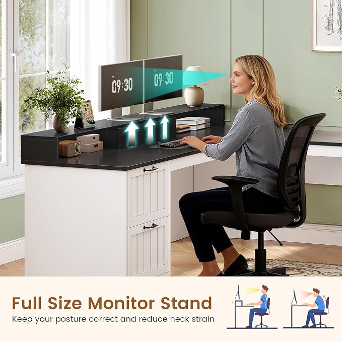 SEDETA Farmhouse 63" L Shaped Desk with Drawers and Storage Cabinet | Office Desk with File Drawers, Wood Corner Computer Desk with Storage, Home Office Desk with Monitor Stand,Black and White