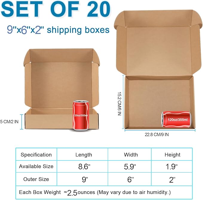 Small Shipping Boxes 9x6x2 Inches - Kraft Brown Corrugated Cardboard Boxes (20-Pack) for Mailing, Packing, Small Business & Gift Packaging - Recyclable & Sturdy