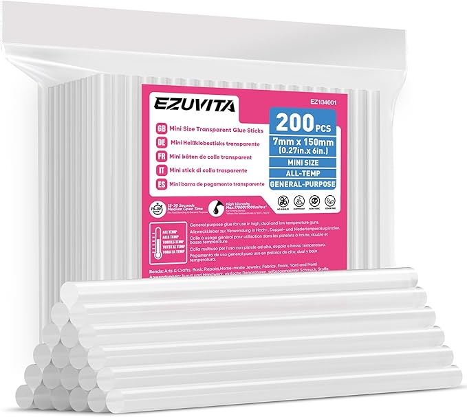EZUVITA Mini Size Hot Glue Sticks, 0.27” Dia x 6” Long, 200-Pack Clear Hot Melt Glue Gun Sticks for All-Temp Mini Glue Guns, Multipurpose for DIY Art Craft General Repairs, Festival Decorations