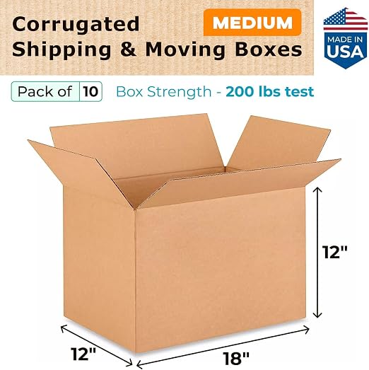 Medium Shipping & Moving Boxes 18x12x12 inches (10-Pack) - Extra Strength 200 lb vs Regular - Corrugated Moving Box, Made in USA - Strong Cardboard Packing Box - Heavy Duty Box by IDL Packaging | Extra Strength 200 lb vs Regular - Corrugated Moving Box...