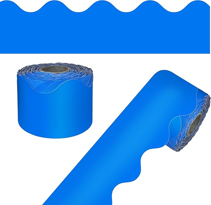Carson Dellosa 65Ft of Blue Bulletin Board Borders, 1 Roll of Scalloped Trim for Rolling Whiteboard, Cork and Posterboard, Patriotic Decorations, Party, and Classroom Decor