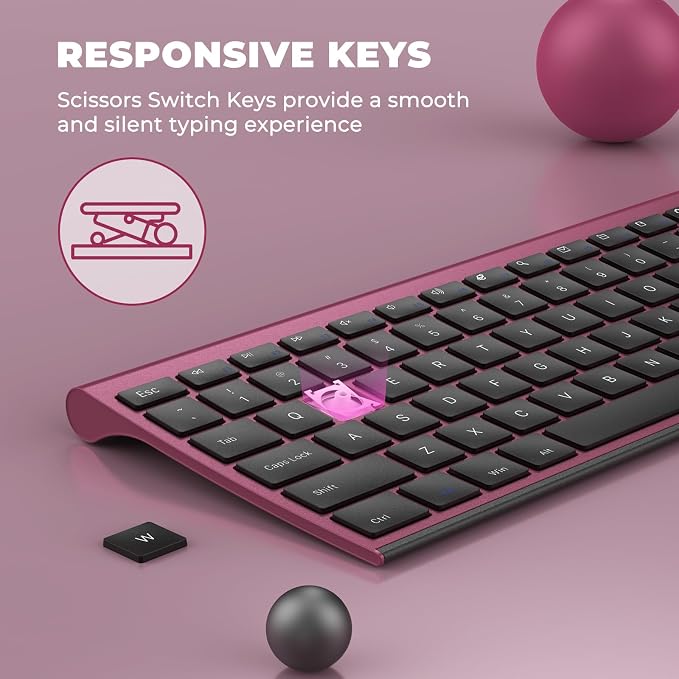 Vssoplor Wireless Keyboard and Mouse, Rechargeable Ultra Slim, Wine Red | Quiet Full-Size Keyboard and Mouse Combo Set, for Laptop, PC, Notebook, Desktop, 2.4GHz Stable Connection, Ideal for Office