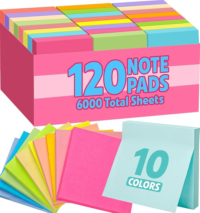 120 Pads Sticky Notes 3x3, Bright Colors Self-Stick Pads Bulk, Super Sticky Notes, School Supplies, Office Products, 50 Sheet/Pad