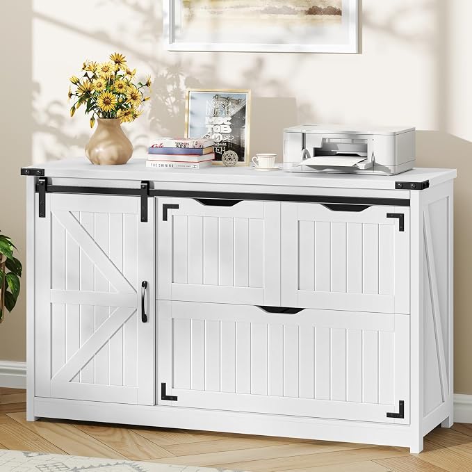Halitaa 47.8” Farmhouse File Cabinet with Sliding Barn Door, Cream White | Lateral Filing Storage Cabinets with Adjustable Shelf, 3 Drawers,Office Printer Stand for Hanging Files Letter/Legal/A4/F4