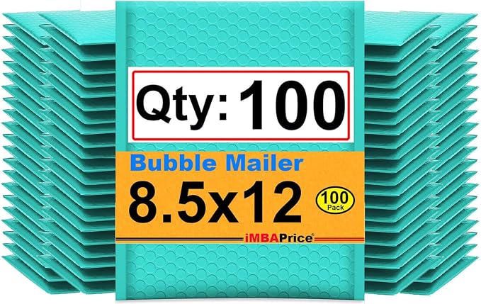 iMBAPrice 100-Pack #2 (8.5" x 12") Premium Hot Teal Color Self Seal Poly Bubble Mailers Padded Shipping Envelopes (Total 100 Bags)