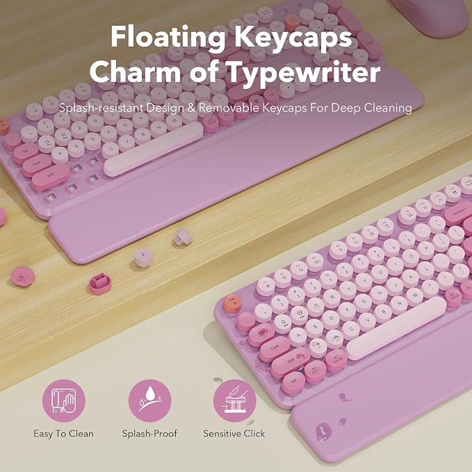 Wireless Keyboard and Mouse Combo, Round Keycaps, Full-Size Retro Typewriter Keyboard with Magnetic Wrist Rest, Tilt Legs, 2.4GHz Cordless Connection for Mac/Windows/PC, SABLUTE CK23, Lavender Purple | Full-Size Typewriter-Style Keyboard, Tilt Legs, 2....