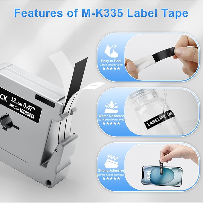 Labelife Label Tape White on Black Replace for Brother P Touch M Tape 12mm | M-K335 M-335 0.47'' Black Compatible with Brother PT-M95 PT-65 PT-80 PT-70bm PT-45 Label Maker Refills, 1/2'', 4 Pack