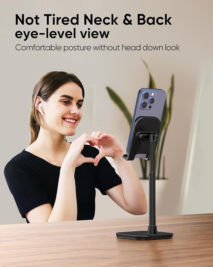Cell Phone Stand, Phone Holder for Desk, Office Desktop iPhone Stand | Eye Level View, Reduce Neck & Back Strain, Height & Angle Adjustable, Hands-Free Video Chat, Accessories for 4-10" Smartphone