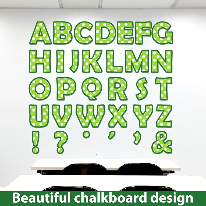 Qyeahkj 150 PCS Large 7" Font Bulletin Board Letters Punctuation Cutouts Combo Green Letters with White Polka Dots Border Decor for Classroom Alphabet Poster Wall Bulletin Board Display Home School