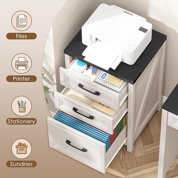 3 Drawer Vertical File Cabinet, Wood Farmhouse Cabinet, White and Black | Filing Cabinet Fits A4/Letter Size, Under Desk Small File Cabinets Printer Stand with Storage for Home Office