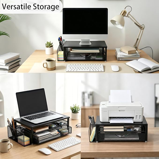 Spacrea Monitor Stand with Drawer and Pen Holder | Monitor Riser Desk Organization Desk Organizer and Accessories (Black)