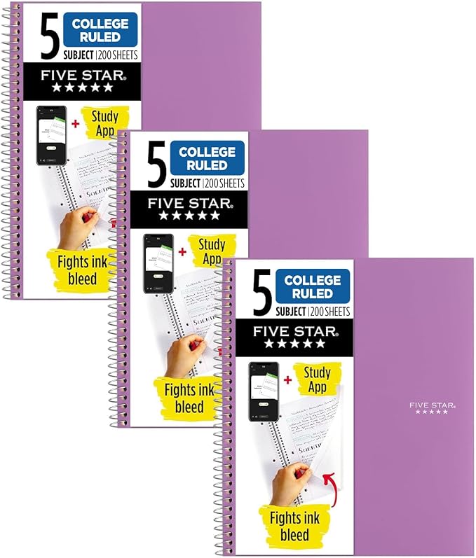 Five Star Spiral Notebook + Study App, 5 Subject, College Ruled Paper, 8-1/2" x 11", 200 Sheets, Fights Ink Bleed, Water Resistant Cover, Amethyst Purple (38748)(Pack of 3)
