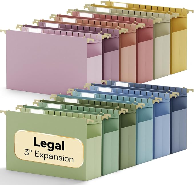 Plastic Hanging File Folders Legal Size,Heavy Duty 3" Expandable Legal Folders for Filing Cabinet,12 Pack Sturdy Extra Capacity Hang Folder with Tabs,Pastel Hanging File Organizer for File Box