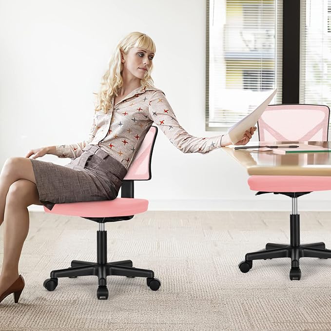 Sweetcrispy Small Armless Desk Chair, Mesh Rolling Office Chairs | Adjustable Ergonomic Lumbar Support, Low-Back, Swivel Wheels, Home Work, Bedroom, Study, Student, Adults, Classic Pink