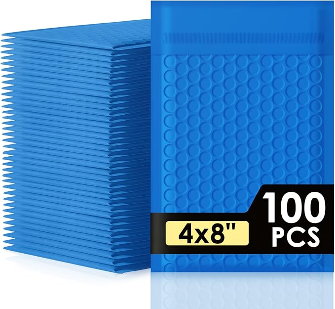 packbabol Bubble Mailers 4x8" 100 Pack Blue Padded Envelopes Waterproof Usable Size 4x7 Self-Seal Padded Mailing Envelopes Bubble Opaque Padded Mailer for Small Businesses， Envelope Mailers#000