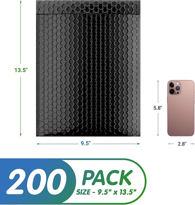 Poly Bubble Mailers, 9.5 x 13.5 Inch Matte Black Padded Mailers, Self Seal Shipping Envelopes, Lightweight Poly Mailer Bags, Waterproof Mailing Bags, Pack of 200