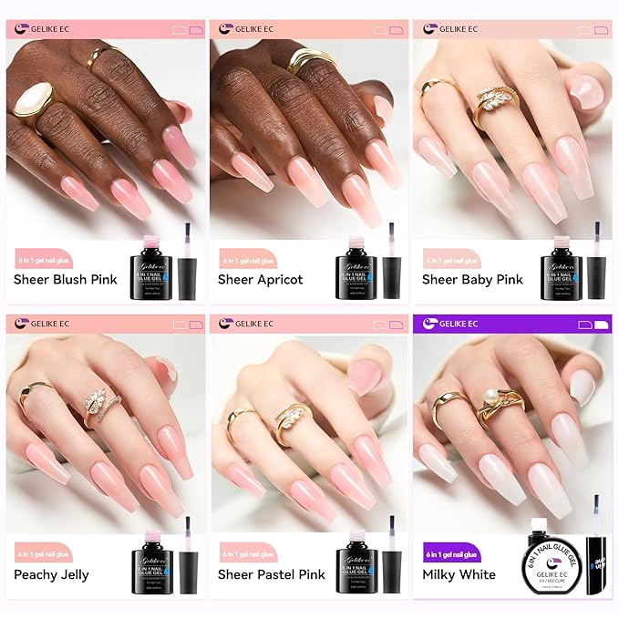 Gelike EC Gel Nail Glue UV Light: Sheer Blush Pink 6 in 1 Adhesive Gel Nail Polish, Strong Nail Glue for Press On Nails Nails Acrylic Tips, Long Last - Nail Art Gift for Home Salon Beginner DIY
