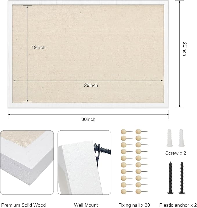 Miratino Large Bulletin Board 30x20 inch with Linen Cork Boards Wall Decor Hanging Pin Wood Framed Display Bulletin Cork Photo Picture Board Light for Room School Office 20-Pushpin Vintage White