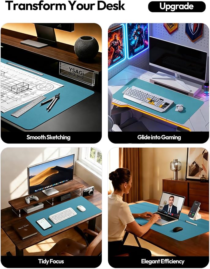 YSAGi Leather Desk Pad Protector, Office Desk Mat, Large Mouse Pad, Non-Slip PU Leather Desk Blotter, Laptop Desk Pad, Waterproof Desk Writing Pad for Office and Home (Turquoise,47.2" x 23.6")